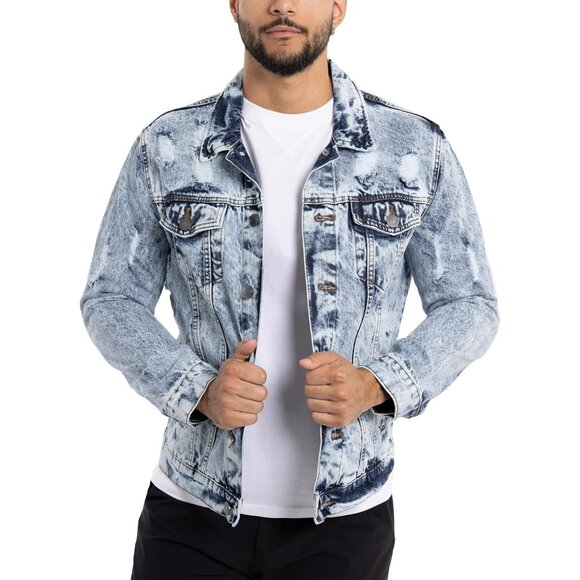 Mens  Acid Blue Denim Jacket Washed Ripped Distressed Stretch Casual Trucker - Picture 6 of 9